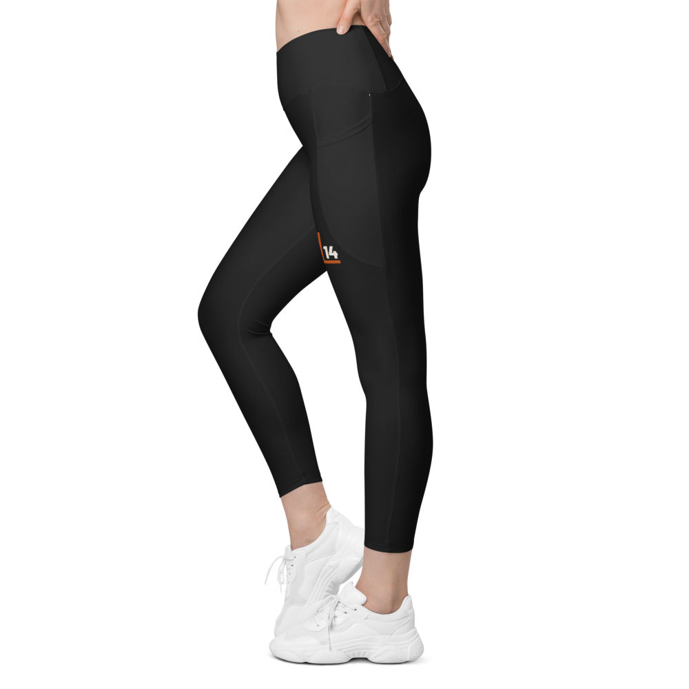 Monogram Women’s Pocket Leggings: Black: left leg monogram