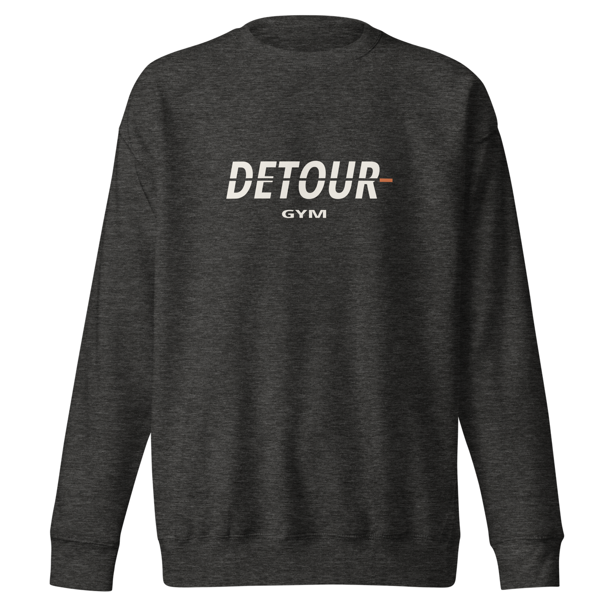 Offset Crewneck in Charcoal Heather, with raised Detour chest graphic. Genuine Printful mockup.