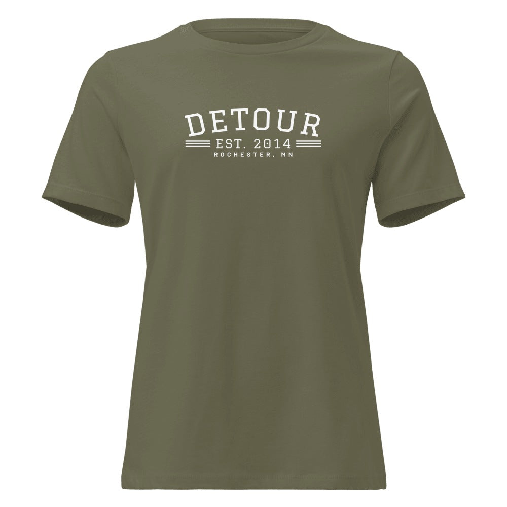 Detour EST. 2014 Women's Tee in Military Green, front