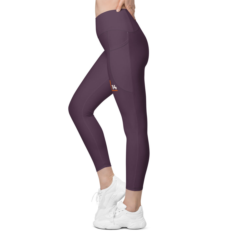 Monogram Women’s Pocket Leggings: Plum: left leg monogram