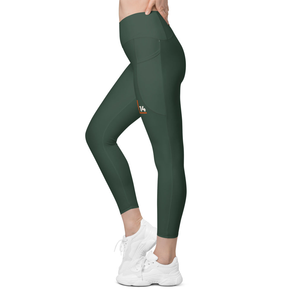 Monogram Women’s Pocket Leggings: Spruce: left leg monogram
