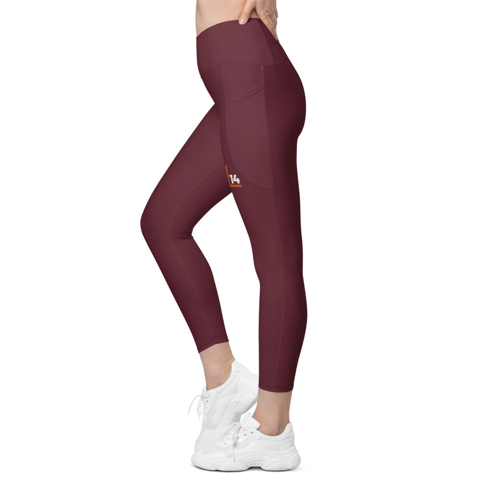 Monogram Women’s Pocket Leggings: Burgundy: left leg monogram