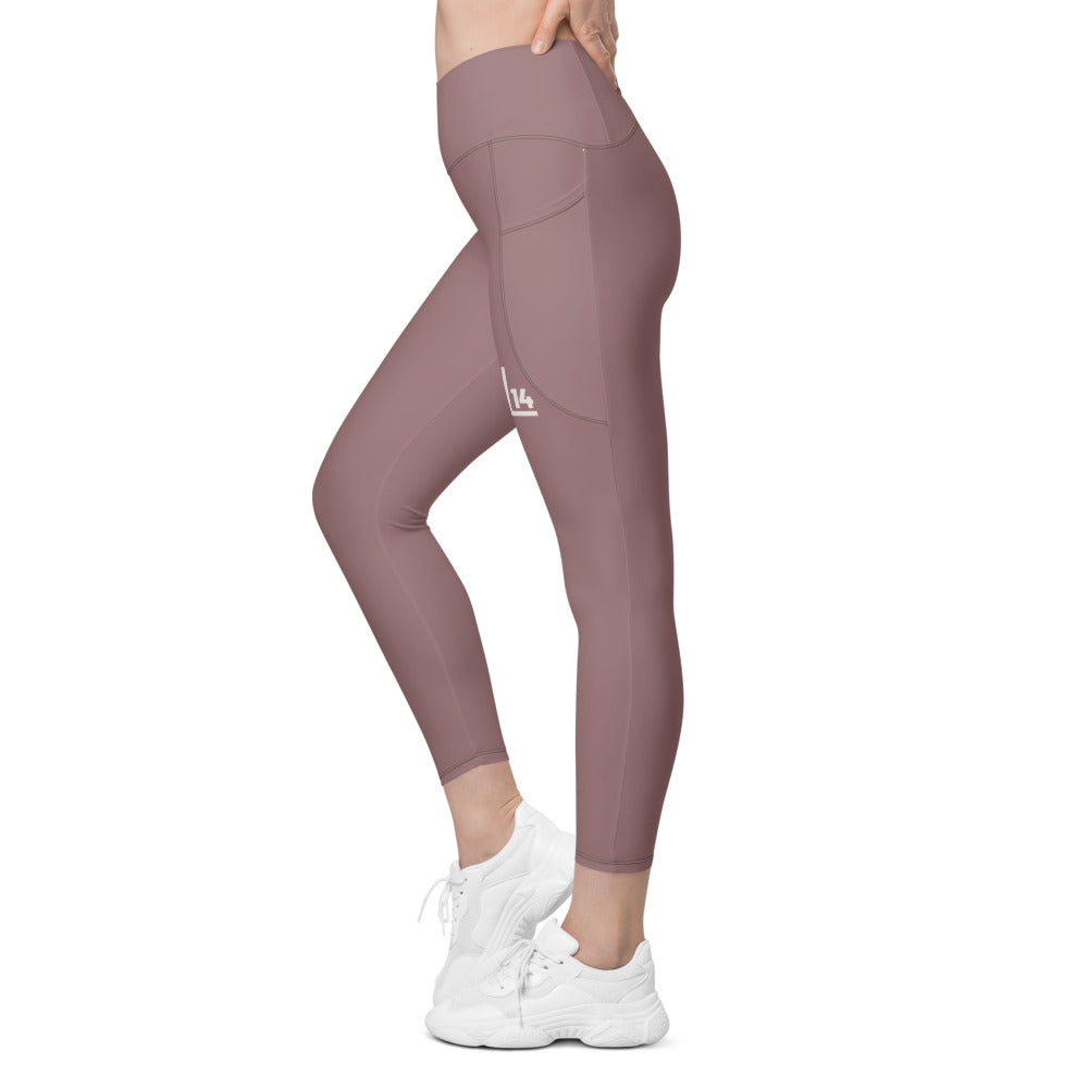 Monogram Women’s Pocket Leggings: Mauve: left leg monogram