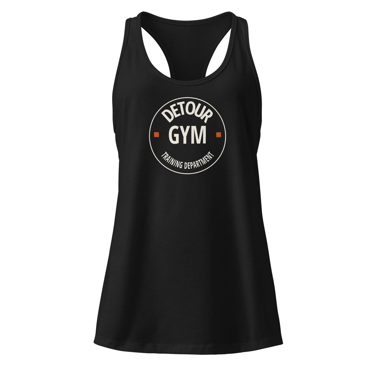 Clubmark Women’s Tank in Black, Next Level 1533, with circular Detour Gym design. Genuine Printful garment mockup.