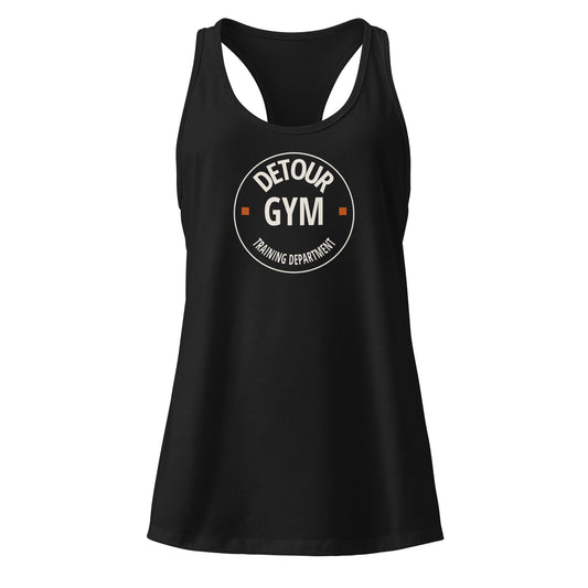 Clubmark Women’s Tank in Black, Next Level 1533, with circular Detour Gym design. Genuine Printful garment mockup.