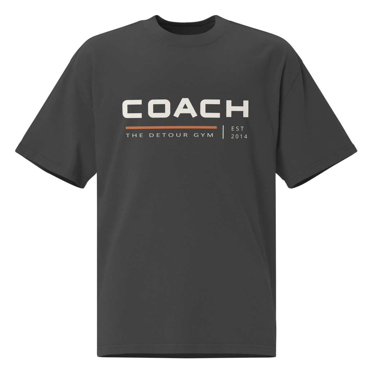 Coach Boxy Tee in Faded Black, AS Colour 5082, front view. Genuine Printful garment mockup.