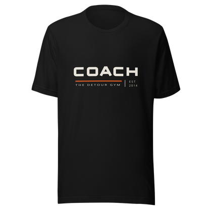 Coach Regular Tee in Black, Bella + Canvas 3001, front view. Genuine Printful garment mockup.
