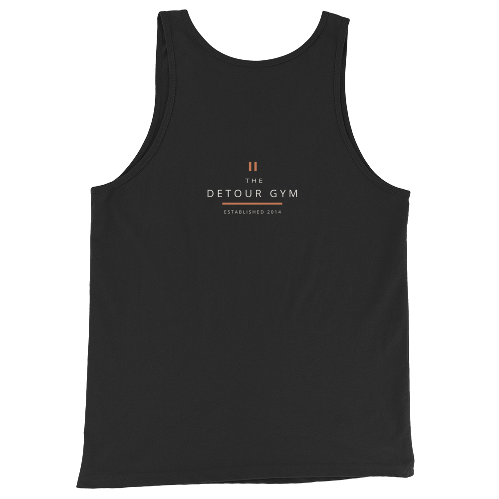 Coach Tank in Black, Bella + Canvas 3480, back view. Genuine Printful garment mockup.