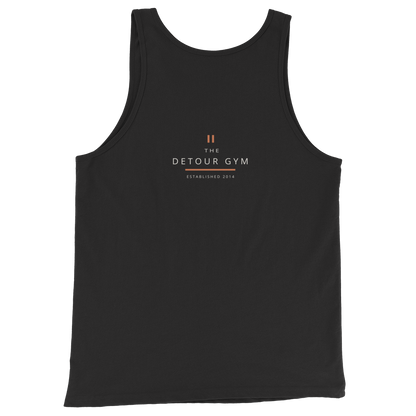 Coach Tank in Black, Bella + Canvas 3480, back view. Genuine Printful garment mockup.