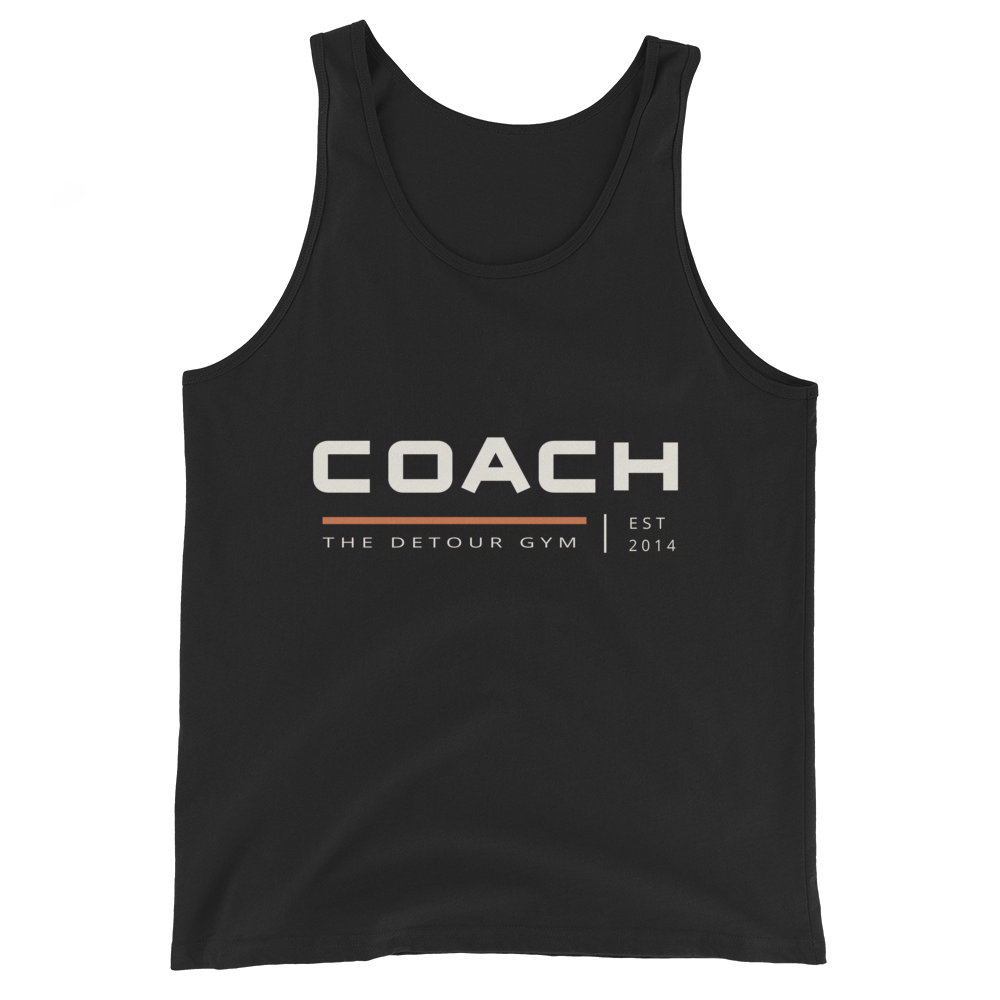 Coach Tank in Black, Bella + Canvas 3480, front view. Genuine Printful garment mockup.