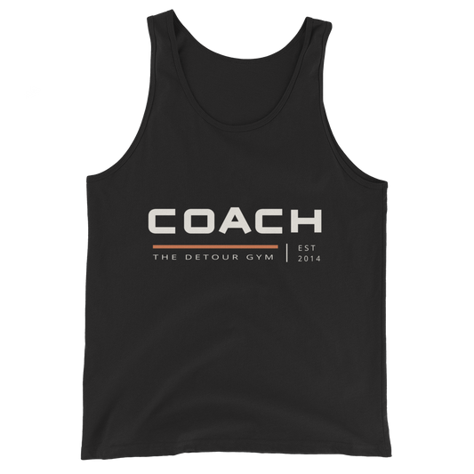Coach Tank in Black, Bella + Canvas 3480, front view. Genuine Printful garment mockup.