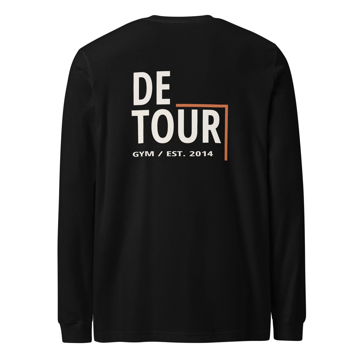 Cutline Long-Sleeve Tee in Black, Bella + Canvas 3501, back view. Genuine Printful garment mockup.