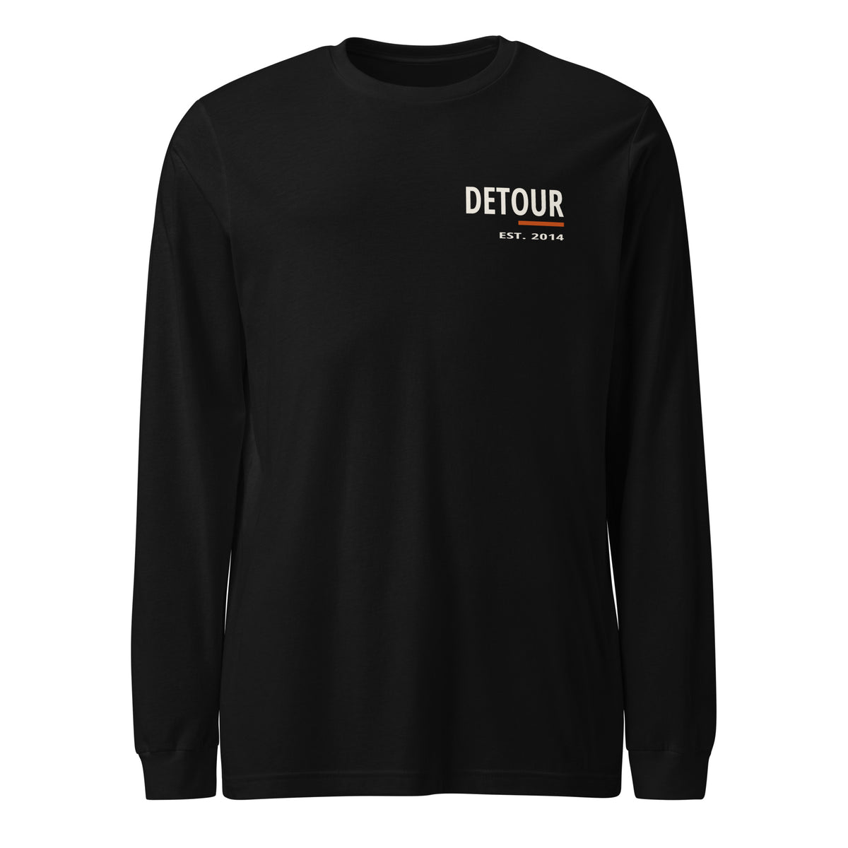 Cutline Long-Sleeve Tee in Black, Bella + Canvas 3501, front view. Genuine Printful garment mockup.