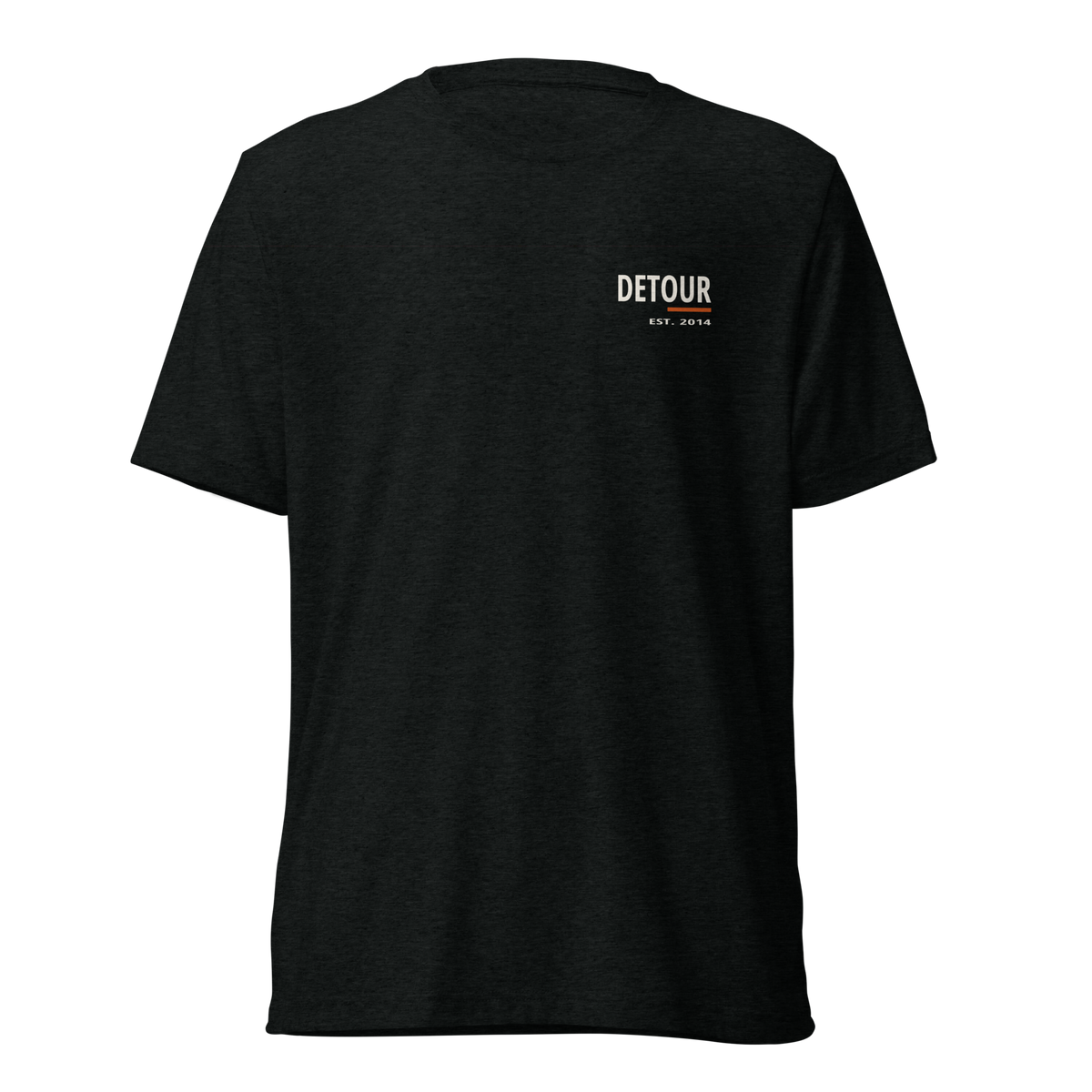 Cutline Soft Tee in Solid Black Triblend, Bella + Canvas 3413, with small left-chest Detour graphic. Genuine Printful garment mockup.