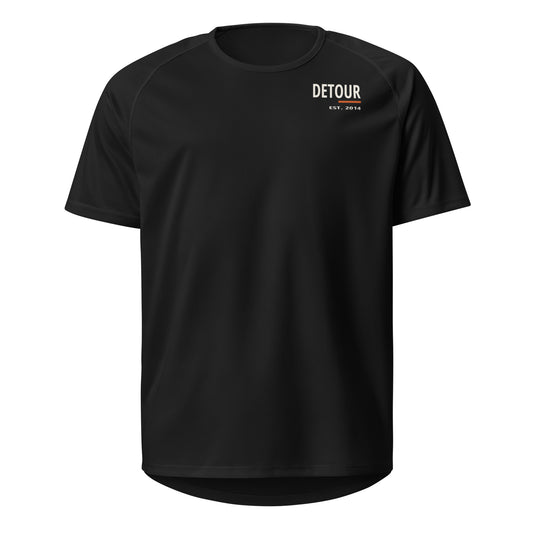 Cutline Training Tee in Black, SOL'S 11939, with left-chest Detour graphic. Genuine Printful garment mockup.