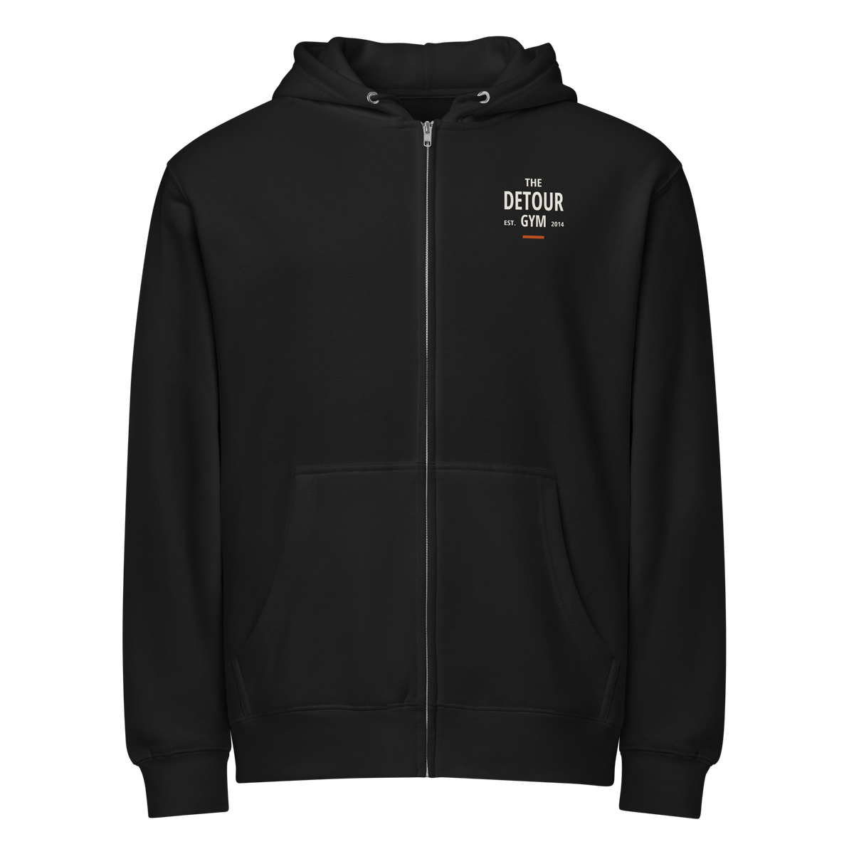 Foundation Full-Zip Hoodie in Black, with lowered left-chest Detour mark. Genuine Printful mockup.