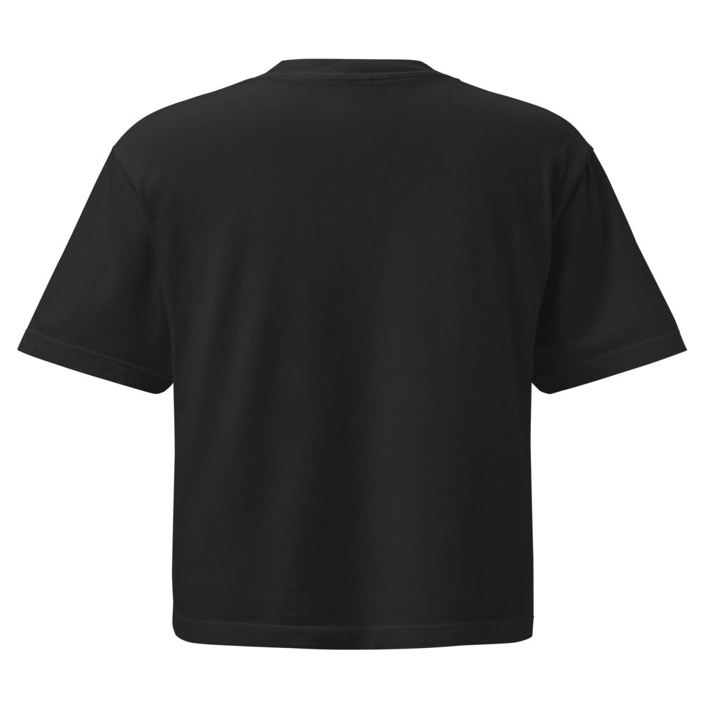 Clubmark Women’s Boxy Tee — back mockup, CC 3023CL Black